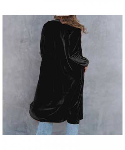 Women's Long Velvet Cardigan Jacket Velour Lapel Collar Open Front Velvet Dusters with Pockets Outwear Black $12.39 Jackets