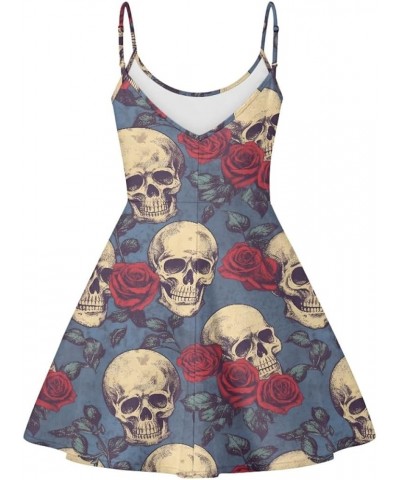 JooMeryer Women's Van Gogh Oil Painting Printed Spaghetti Straps V-Neck A-Line Swing Dress Red Rose Skull $13.19 Dresses