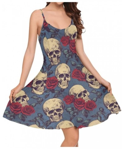 JooMeryer Women's Van Gogh Oil Painting Printed Spaghetti Straps V-Neck A-Line Swing Dress Red Rose Skull $13.19 Dresses