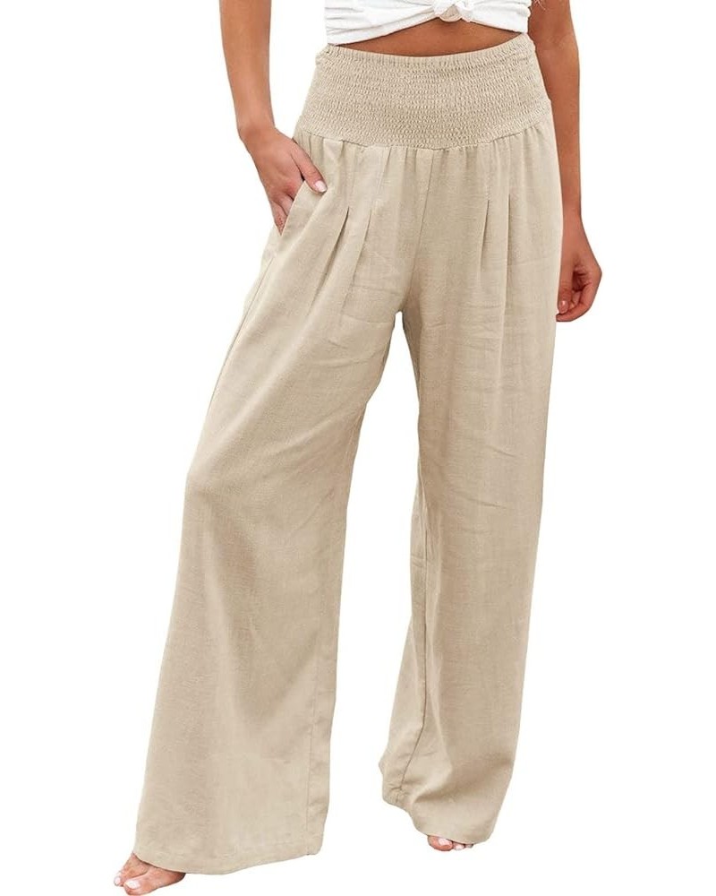 Women's Wide Leg Pants High Elastic Waisted Casual Linen Long Pants Comfy Work Trousers Summer Palazzo Boho Beach Pants Beige...