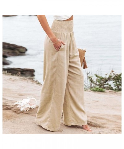 Women's Wide Leg Pants High Elastic Waisted Casual Linen Long Pants Comfy Work Trousers Summer Palazzo Boho Beach Pants Beige...