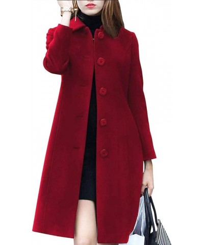 Women's Lapel Single Breasted Mid-Long Classic Solid Color Slim Fit Wool Blend Coat Red $28.03 Jackets