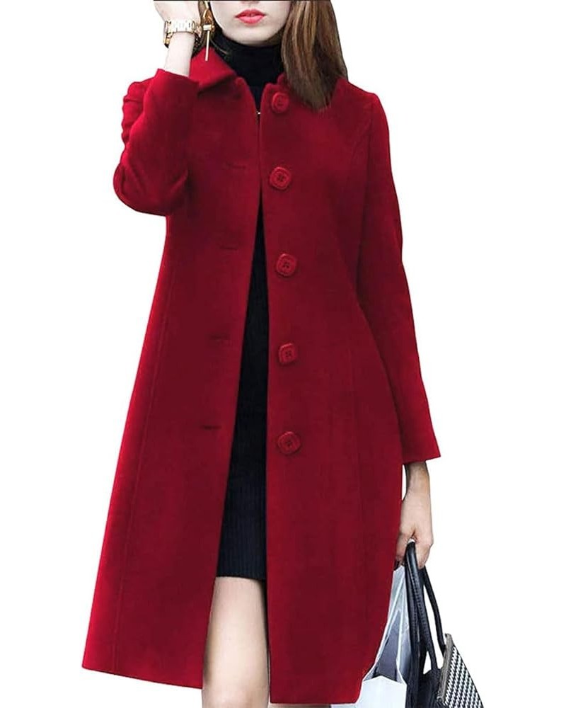 Women's Lapel Single Breasted Mid-Long Classic Solid Color Slim Fit Wool Blend Coat Red $28.03 Jackets