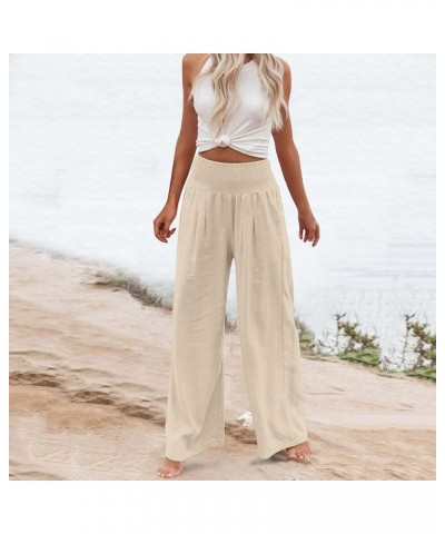 Women's Wide Leg Pants High Elastic Waisted Casual Linen Long Pants Comfy Work Trousers Summer Palazzo Boho Beach Pants Beige...