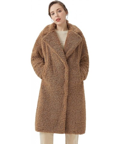 Women's Fuzzy Fleece Lapel Down Coat Shaggy Faux Shearling Cardigan Winter Jacket with Pockets Khaki Long-length $55.50 Jackets