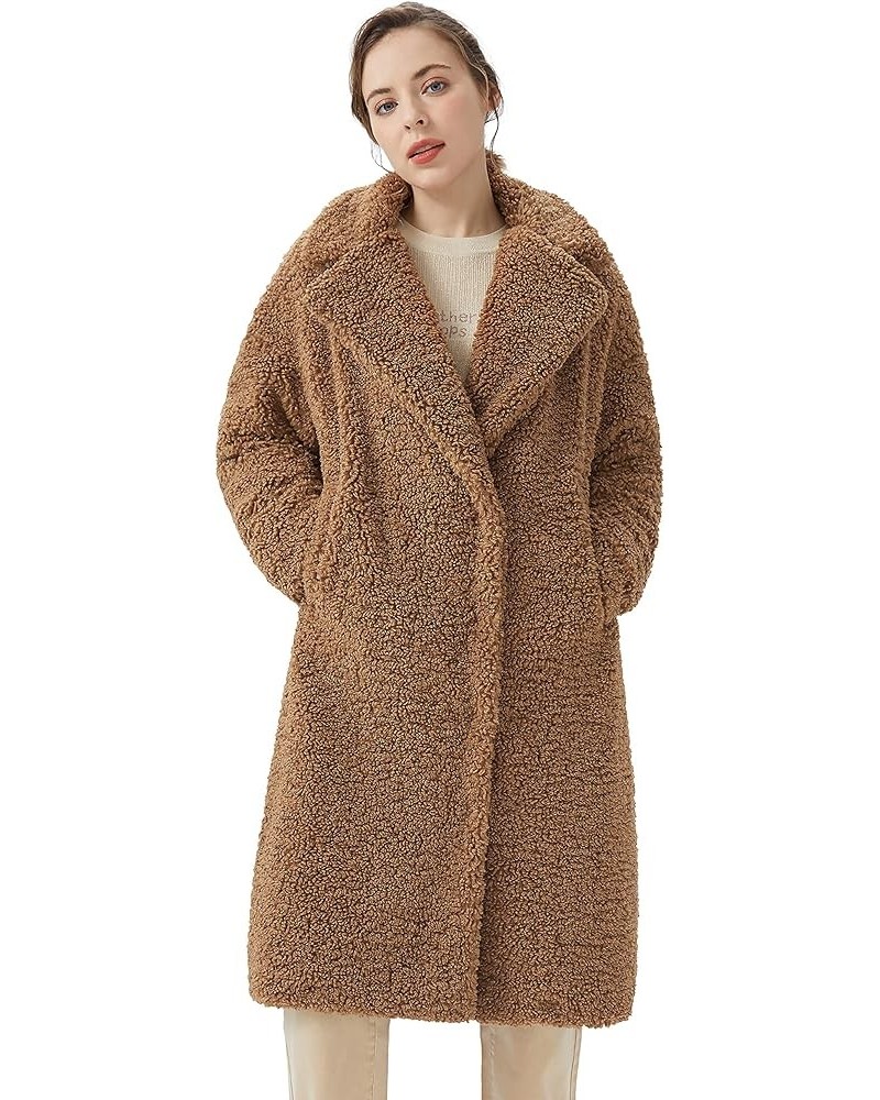 Women's Fuzzy Fleece Lapel Down Coat Shaggy Faux Shearling Cardigan Winter Jacket with Pockets Khaki Long-length $55.50 Jackets