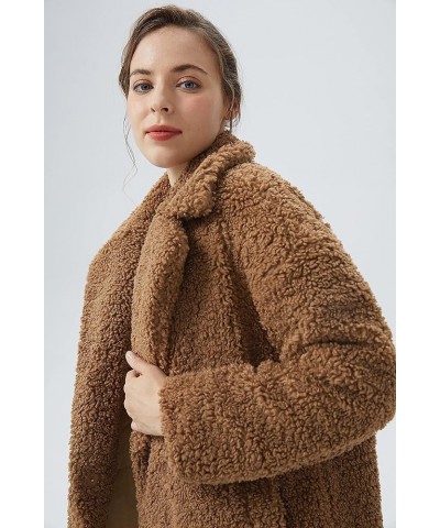 Women's Fuzzy Fleece Lapel Down Coat Shaggy Faux Shearling Cardigan Winter Jacket with Pockets Khaki Long-length $55.50 Jackets