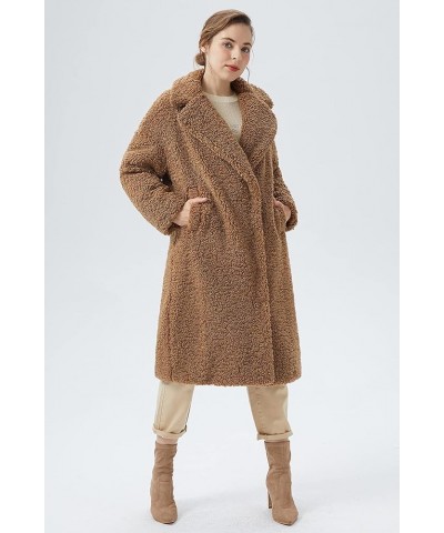 Women's Fuzzy Fleece Lapel Down Coat Shaggy Faux Shearling Cardigan Winter Jacket with Pockets Khaki Long-length $55.50 Jackets