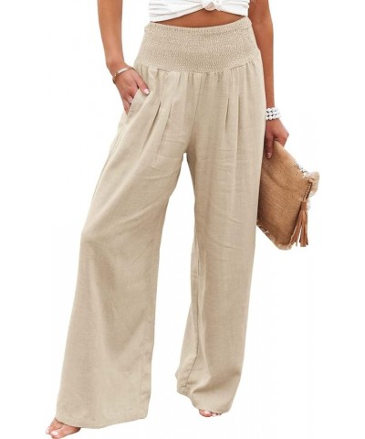 Women's Wide Leg Pants High Elastic Waisted Casual Linen Long Pants Comfy Work Trousers Summer Palazzo Boho Beach Pants Beige...