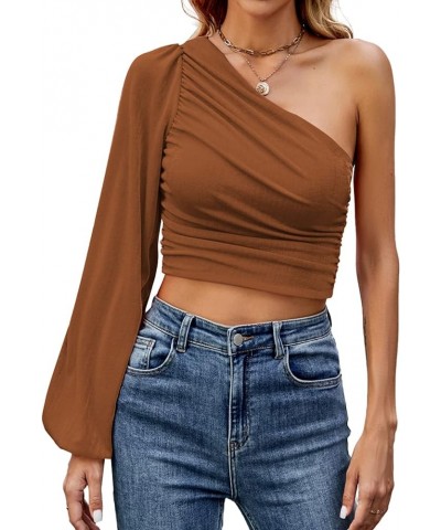 Women's Ruched One Shoulder Lantern Long Sleeve Crop Blouse Shirt Top Brown $9.90 Blouses