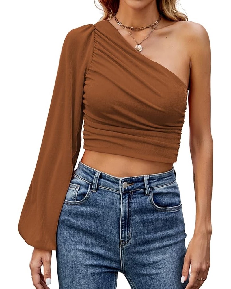 Women's Ruched One Shoulder Lantern Long Sleeve Crop Blouse Shirt Top Brown $9.90 Blouses