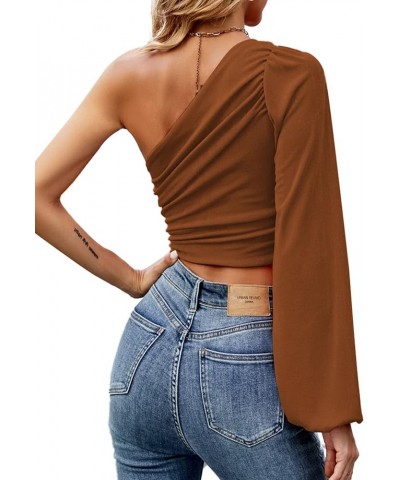 Women's Ruched One Shoulder Lantern Long Sleeve Crop Blouse Shirt Top Brown $9.90 Blouses