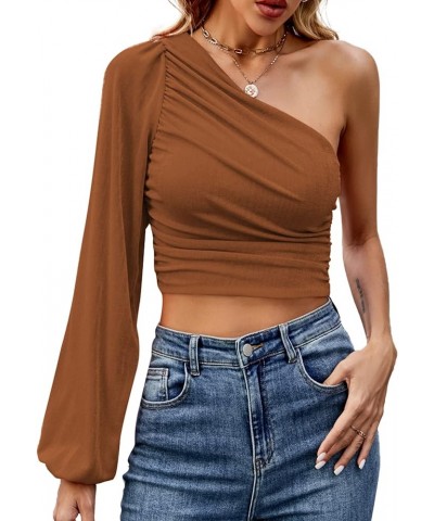 Women's Ruched One Shoulder Lantern Long Sleeve Crop Blouse Shirt Top Brown $9.90 Blouses