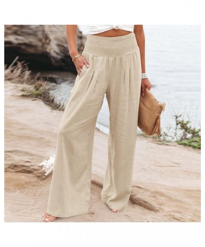 Women's Wide Leg Pants High Elastic Waisted Casual Linen Long Pants Comfy Work Trousers Summer Palazzo Boho Beach Pants Beige...