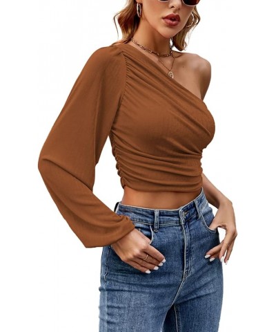 Women's Ruched One Shoulder Lantern Long Sleeve Crop Blouse Shirt Top Brown $9.90 Blouses