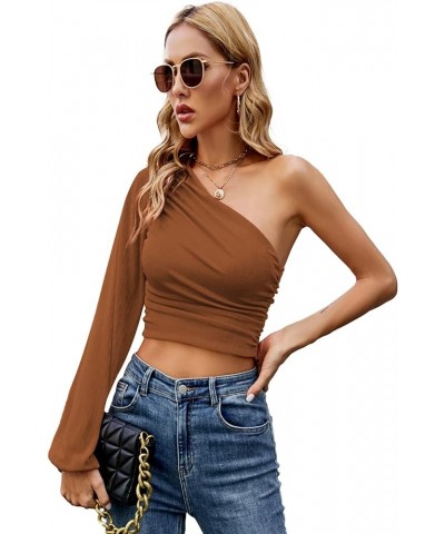 Women's Ruched One Shoulder Lantern Long Sleeve Crop Blouse Shirt Top Brown $9.90 Blouses