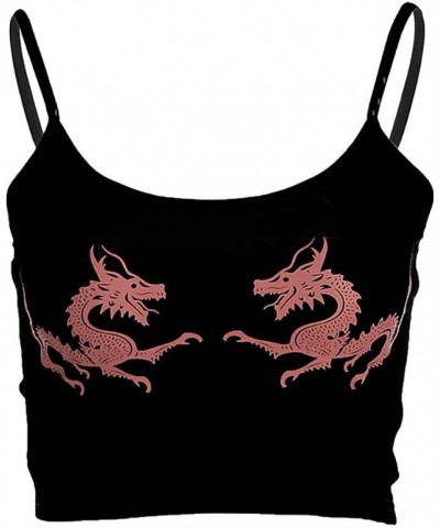 Women Chinese Dragon Snake Printed Cropped Sexy Black Backless Strap Crop Tops Red $9.87 Tanks