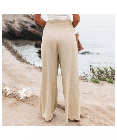 Women's Wide Leg Pants High Elastic Waisted Casual Linen Long Pants Comfy Work Trousers Summer Palazzo Boho Beach Pants Beige...