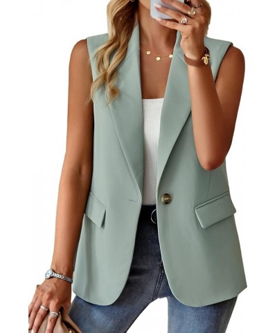 Women's Sleeveless Blazer Vest Casual Open Front Button Vest Lapel Office Cardigan Blazer With Pockets Light Green $21.15 Vests