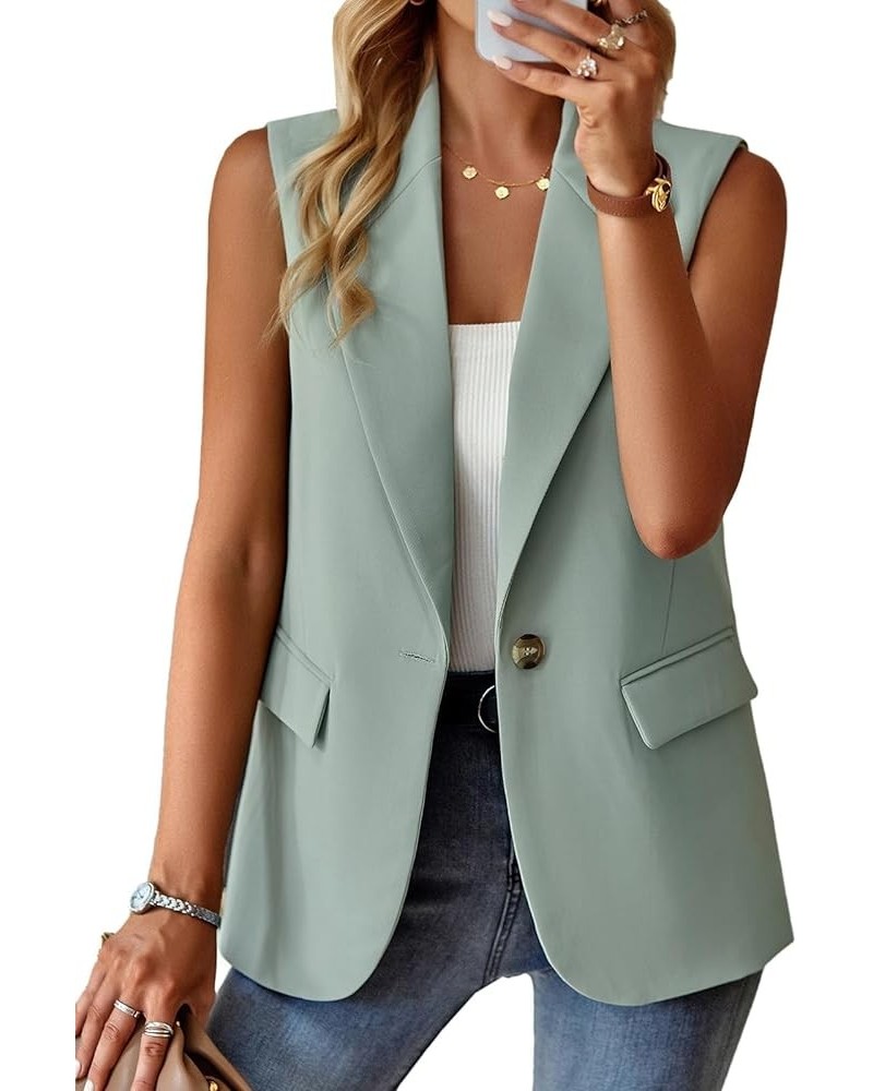 Women's Sleeveless Blazer Vest Casual Open Front Button Vest Lapel Office Cardigan Blazer With Pockets Light Green $21.15 Vests