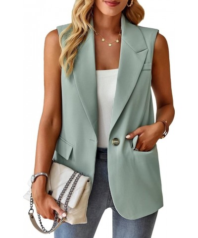 Women's Sleeveless Blazer Vest Casual Open Front Button Vest Lapel Office Cardigan Blazer With Pockets Light Green $21.15 Vests