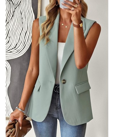 Women's Sleeveless Blazer Vest Casual Open Front Button Vest Lapel Office Cardigan Blazer With Pockets Light Green $21.15 Vests