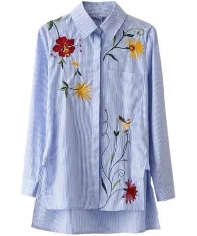 Women Flower Embroidered Striped Button Down Side Split Blouse Shirt with Pocket Blue $12.15 Blouses