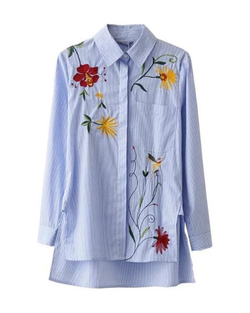 Women Flower Embroidered Striped Button Down Side Split Blouse Shirt with Pocket Blue $12.15 Blouses