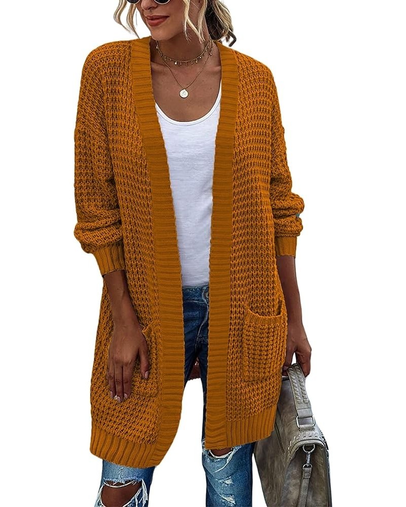 Women's 2023 Fall Open Front Cardigan Long Batwing Sleeve Chunky Knit Sweater Loose Outerwear Coats with Pockets Yellow Brown...