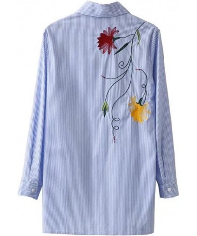 Women Flower Embroidered Striped Button Down Side Split Blouse Shirt with Pocket Blue $12.15 Blouses