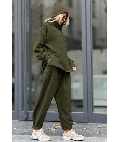 Women's 2024 Fall Two Piece Outfits Long Sleeve Tracksuit Set Turtleneck Pullover Tops Casual Pants Sweatsuits Army Green $21...