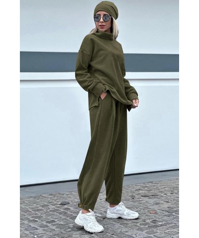 Women's 2024 Fall Two Piece Outfits Long Sleeve Tracksuit Set Turtleneck Pullover Tops Casual Pants Sweatsuits Army Green $21...