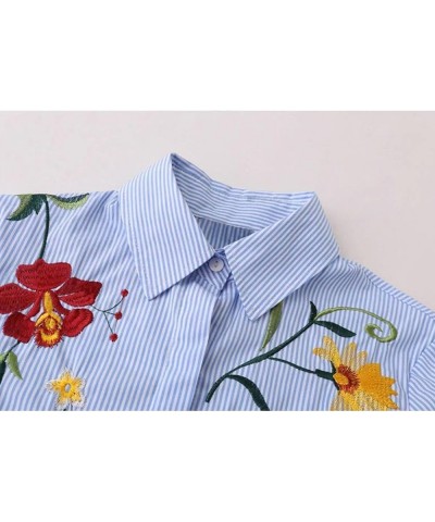 Women Flower Embroidered Striped Button Down Side Split Blouse Shirt with Pocket Blue $12.15 Blouses