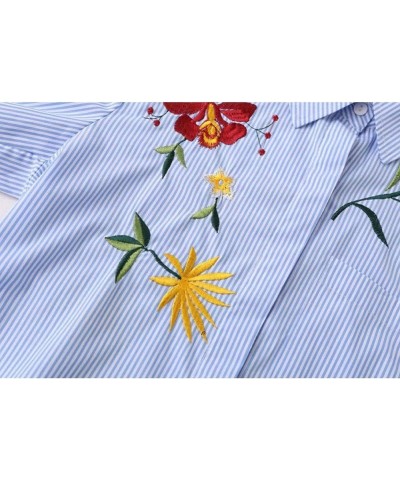 Women Flower Embroidered Striped Button Down Side Split Blouse Shirt with Pocket Blue $12.15 Blouses