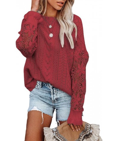 Women's 2023 Lace Crochet Sweater Summer Fall Lightweight Crewneck Knit Sweaters Pullover Jumper Tops Red $23.84 Sweaters