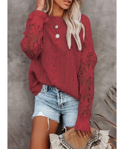 Women's 2023 Lace Crochet Sweater Summer Fall Lightweight Crewneck Knit Sweaters Pullover Jumper Tops Red $23.84 Sweaters