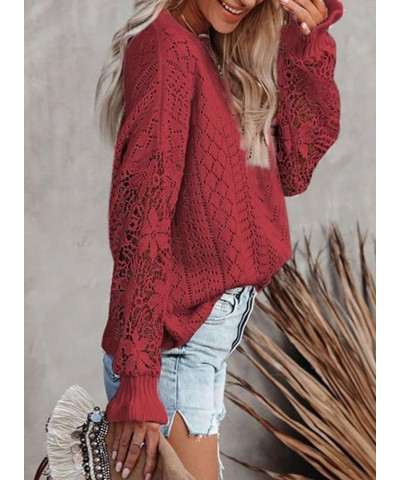 Women's 2023 Lace Crochet Sweater Summer Fall Lightweight Crewneck Knit Sweaters Pullover Jumper Tops Red $23.84 Sweaters