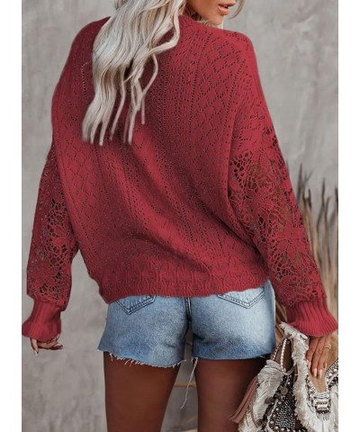 Women's 2023 Lace Crochet Sweater Summer Fall Lightweight Crewneck Knit Sweaters Pullover Jumper Tops Red $23.84 Sweaters