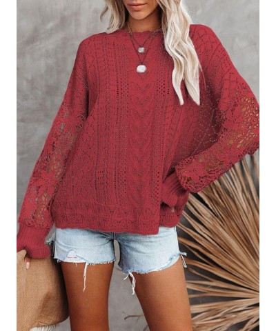 Women's 2023 Lace Crochet Sweater Summer Fall Lightweight Crewneck Knit Sweaters Pullover Jumper Tops Red $23.84 Sweaters