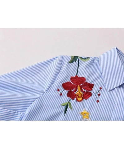 Women Flower Embroidered Striped Button Down Side Split Blouse Shirt with Pocket Blue $12.15 Blouses