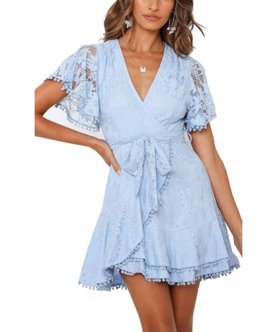 Women's Floral Flower Lace Faux Wrap Mini Dresses V Neck Long Lantern Sleeve Swing Short Dress with Waist Ties Baby Blue $32....