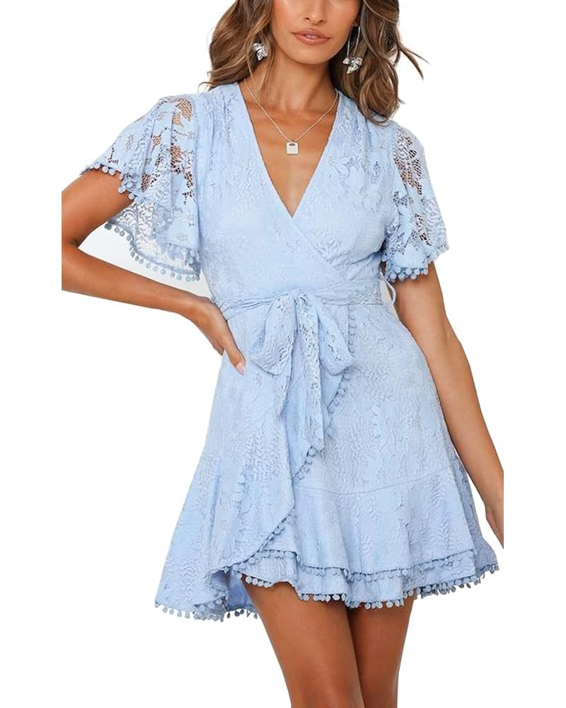 Women's Floral Flower Lace Faux Wrap Mini Dresses V Neck Long Lantern Sleeve Swing Short Dress with Waist Ties Baby Blue $32....