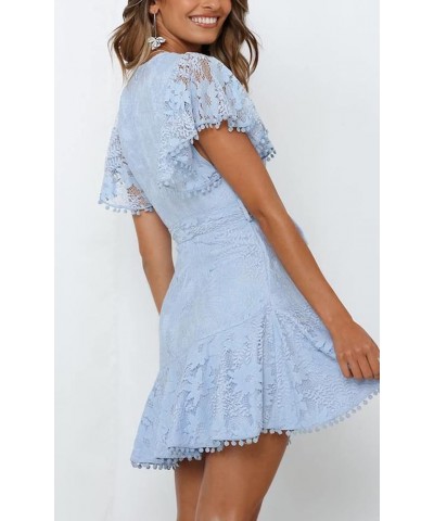 Women's Floral Flower Lace Faux Wrap Mini Dresses V Neck Long Lantern Sleeve Swing Short Dress with Waist Ties Baby Blue $32....