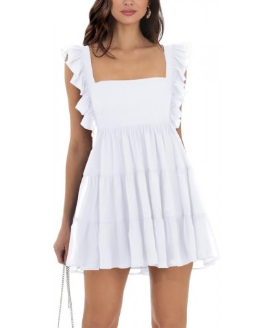 Women’s Summer Square Neck Tie Back Ruffle Sleeve Tiered Casual A-Line Short Mini Dress White $23.51 Dresses