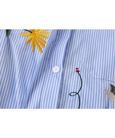 Women Flower Embroidered Striped Button Down Side Split Blouse Shirt with Pocket Blue $12.15 Blouses