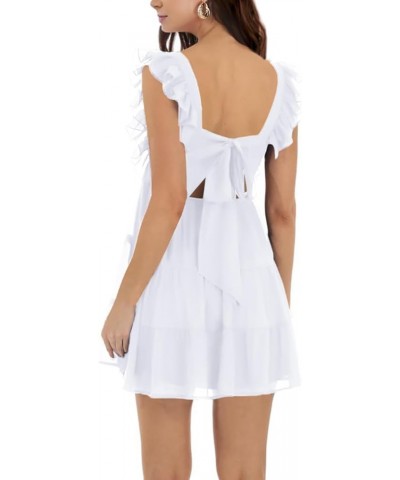 Women’s Summer Square Neck Tie Back Ruffle Sleeve Tiered Casual A-Line Short Mini Dress White $23.51 Dresses