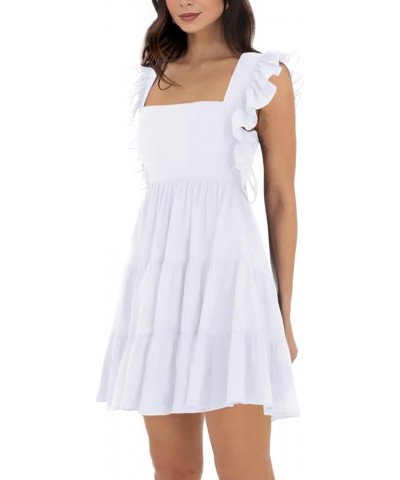 Women’s Summer Square Neck Tie Back Ruffle Sleeve Tiered Casual A-Line Short Mini Dress White $23.51 Dresses