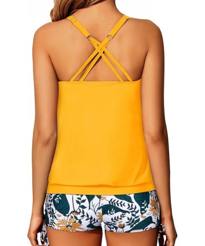 Womens Blouson Tankini Swimsuits Two Piece Strappy Bathing Suit Tops with Shorts Criss Cross Swimwear Yellow Floral $16.45 Sw...