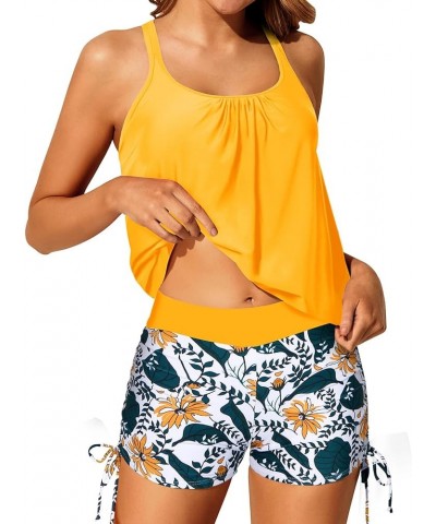 Womens Blouson Tankini Swimsuits Two Piece Strappy Bathing Suit Tops with Shorts Criss Cross Swimwear Yellow Floral $16.45 Sw...