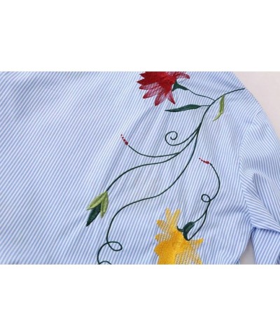 Women Flower Embroidered Striped Button Down Side Split Blouse Shirt with Pocket Blue $12.15 Blouses